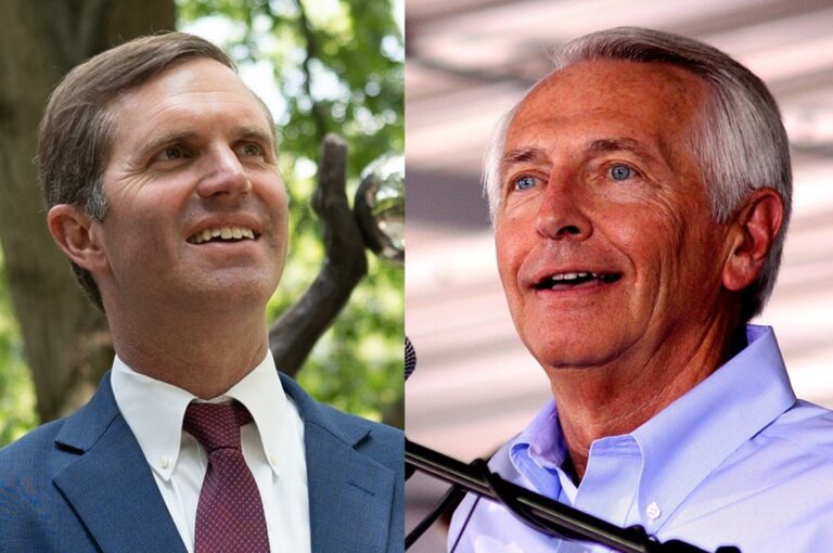 A photo of Andy Beshear and his father, Steve, side by side. It's a composite of two separate photos into one to show their relation.